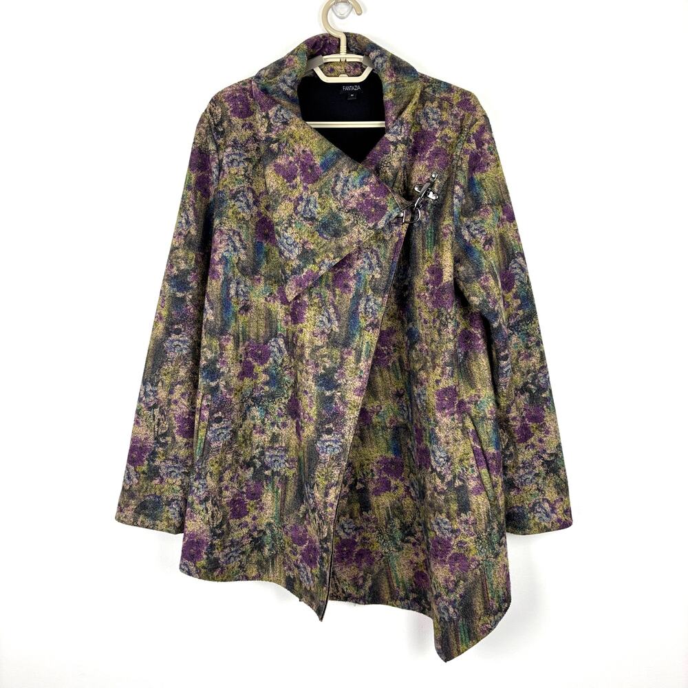 Fantazia Draped Coat Jacket Medium Abstract Watercolor Floral print brown purple